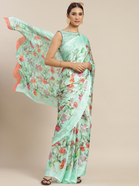 

Tikhi Imli Sea Green & Pink Floral Satin Saree