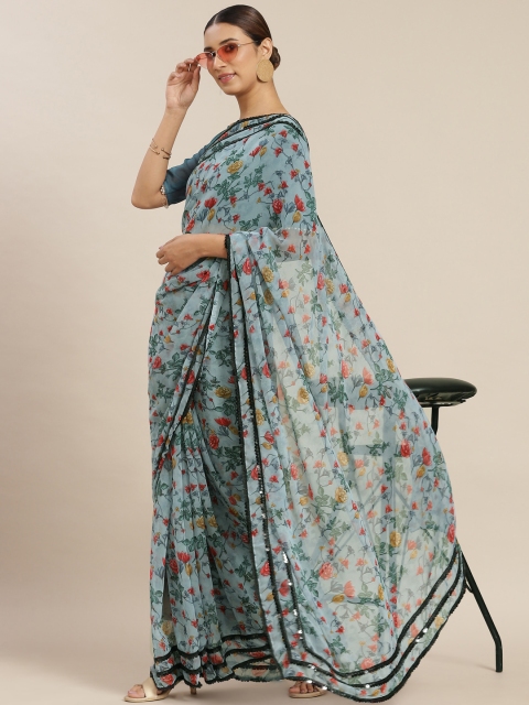 

Tikhi Imli Grey & Green Floral Poly Georgette Saree Sequin Border