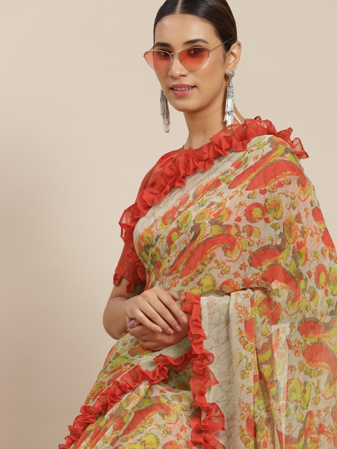

Tikhi Imli Beige & Red Paisley Poly Georgette Saree