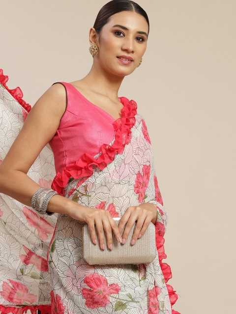 

Tikhi Imli Off White & Pink Floral Poly Georgette Saree