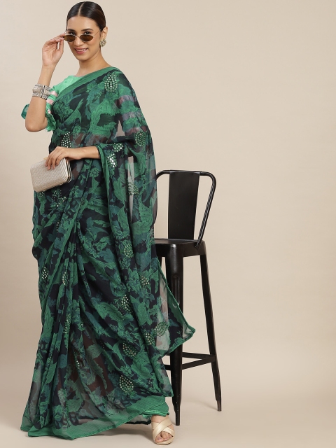 

Tikhi Imli Teal Green Floral Mirror Work Poly Georgette Saree
