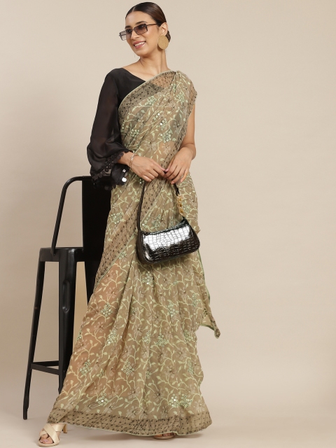 

Tikhi Imli Brown Floral Mirror Work Poly Georgette Saree