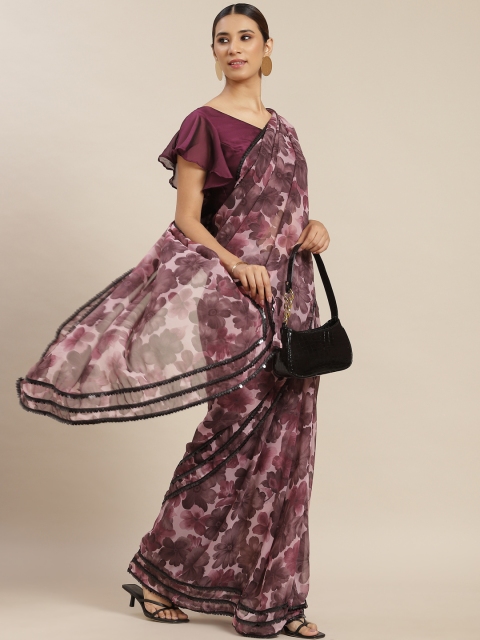 

Tikhi Imli Burgundy Floral Poly Georgette Saree With Sequin Border