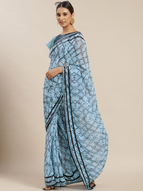 

Tikhi Imli Blue Tie and Dye Poly Georgette Saree With Sequin Border
