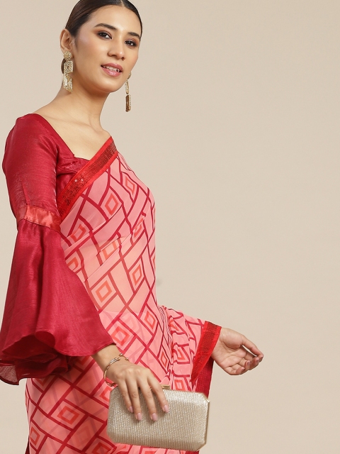 

Tikhi Imli Red Printed Poly Georgette Saree with Sequin Lace