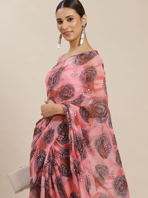 

Tikhi Imli Pink & Black Floral Mirror Work Poly Georgette Saree