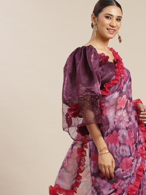 

Tikhi Imli Purple & Pink Floral Poly Georgette Saree With Frill