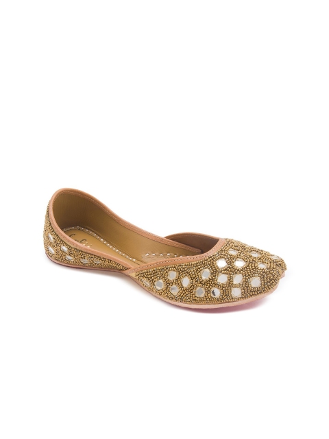 

Holii Women Gold-Toned Embellished Leather Ethnic Mojaris Flats