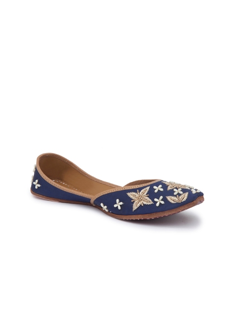 

Holii Women Navy Blue Printed Leather Ethnic Mojaris Flats