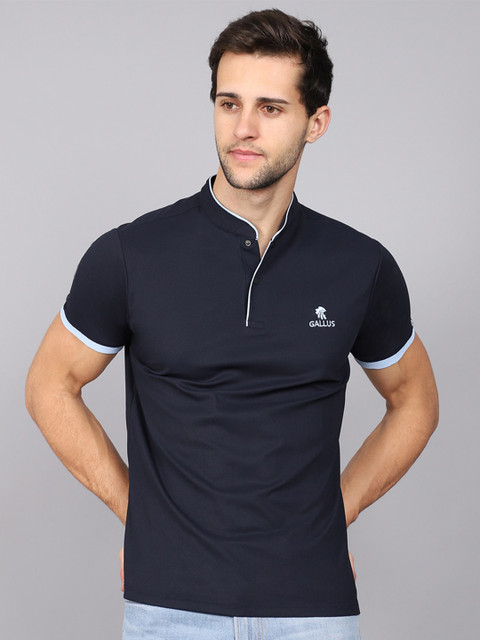 

Gallus Men Navy Blue Mandarin Collar Bio Finish T-shirt