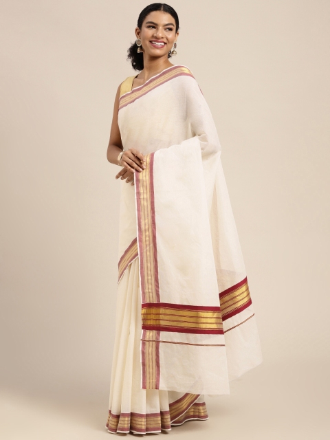 

KALINI White & Maroon Zari Pure Cotton Kasavu Saree