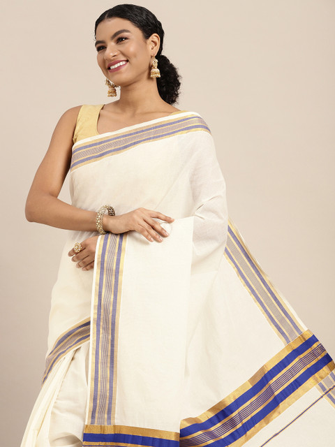 

KALINI White & Blue Zari Pure Cotton Kasavu Saree