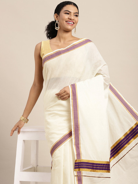 

KALINI White & Purple Zari Pure Cotton Kasavu Saree