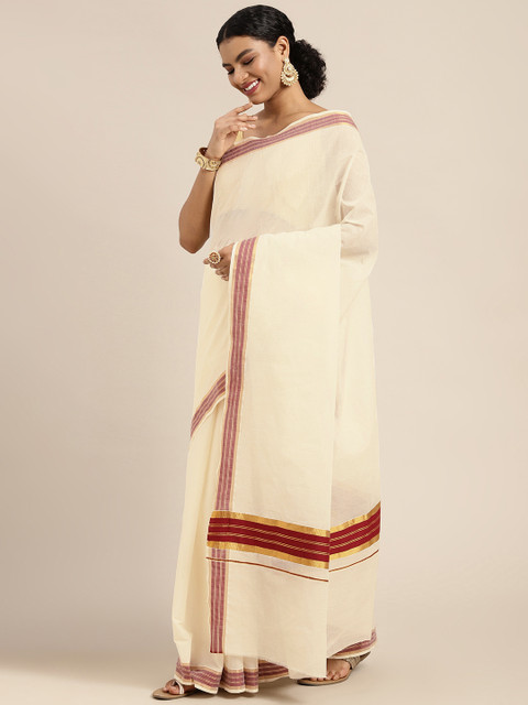 

KALINI White & Maroon Zari Pure Cotton Kasavu Saree