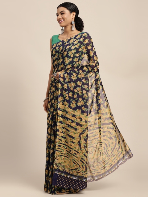 

KALINI Navy Blue & Yellow Floral Saree