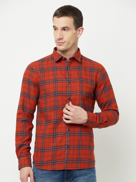 

METTLE Men Orange Tartan Checks Checked Casual Shirt