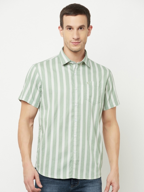 

METTLE Men Olive Green Striped Casual Shirt
