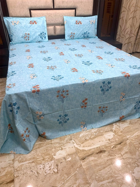 

Pure Decor Blue & Beige Floral 400 TC King Bedsheet with 2 Pillow Covers