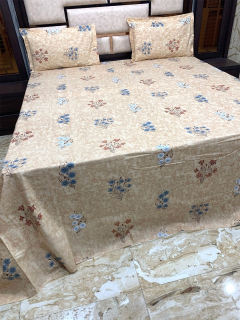 

Pure Decor Brown & Blue Floral 400 TC Cotton King Bedsheet with 2 Pillow Covers