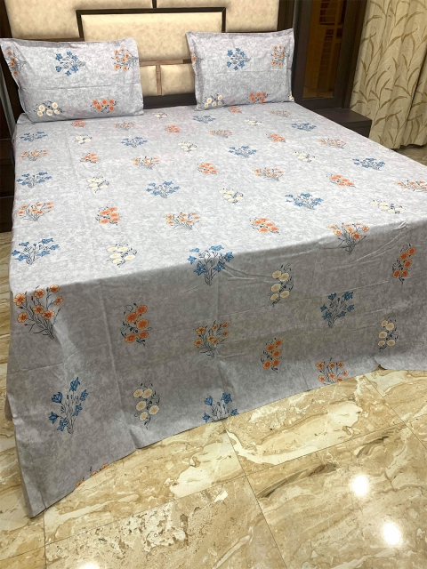 

Pure Decor Grey & Blue Floral 400 TC King Bedsheet with 2 Pillow Covers