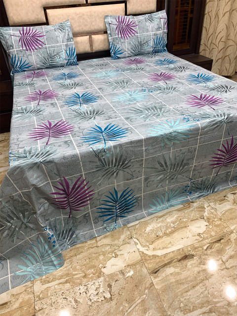 

Pure Decor Purple & Blue Floral 400 TC King Cotton Bedsheet with 2 Pillow Covers