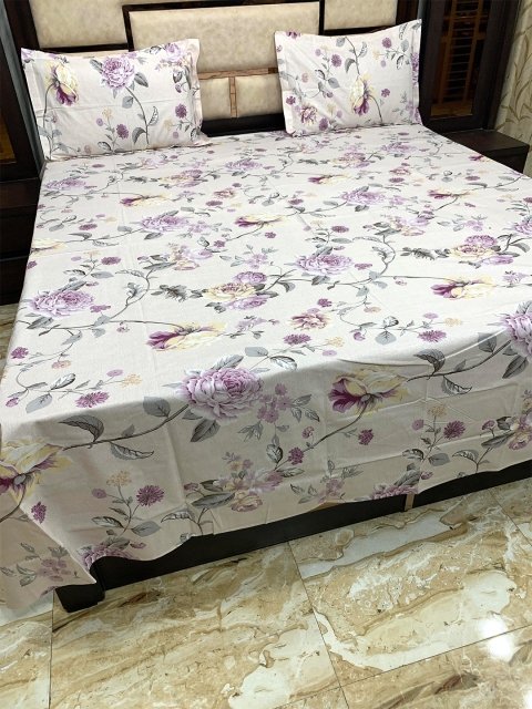 

Pure Decor Purple & Grey Floral 300 TC Queen Bedsheet with 2 Pillow Covers