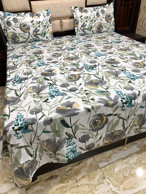 

Pure Decor Grey & White Floral 300 TC Queen Cotton Bedsheet with 2 Pillow Covers
