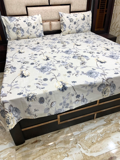 

Pure Decor Grey & Green Floral 300 TC Cotton Queen Bedsheet with 2 Pillow Covers