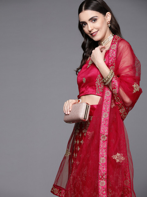 

Inddus Women Red Embroidered Semi-Stitched Lehenga & Unstitched Blouse With Dupatta