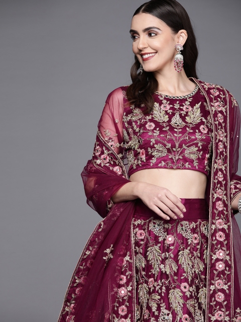 

Inddus Women Burgundy Embroidered Semi-Stitched Lehenga & Unstitched Blouse With Dupatta