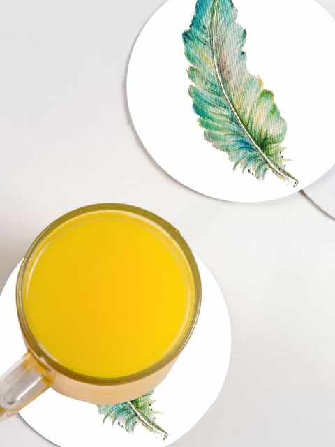 

macmerise White & Green Feather Art Printed Coaster