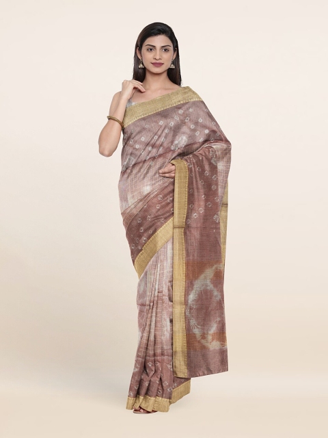 

Pothys Brown & Gold-Toned Bandhani Zari Jute Cotton Saree