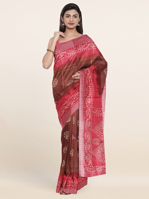 

Pothys Brown & Pink Batik Zari Pure Linen Saree