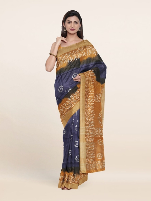 

Pothys Blue & Gold-Toned Floral Pure Linen Saree