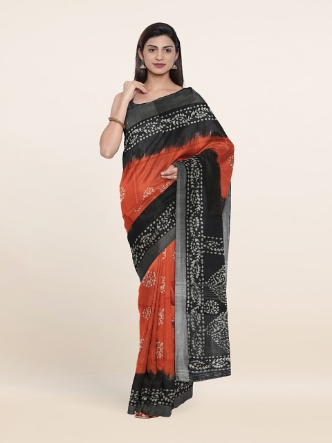 

Pothys Orange & Black Batik Pure Linen Saree