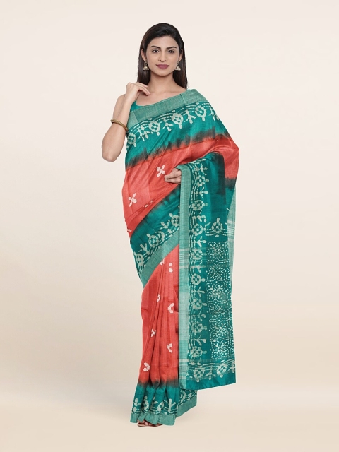 

Pothys Orange & Green Floral Pure Linen Saree