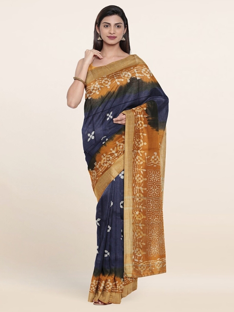 

Pothys Blue & Gold-Toned Batik Zari Pure Linen Saree