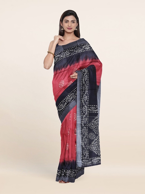 

Pothys Pink & Black Batik Pure Linen Saree