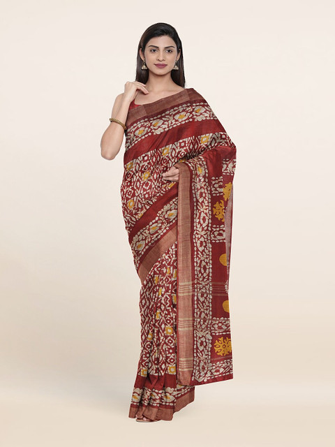 

Pothys Maroon & Yellow Batik Printed Jute Cotton Saree