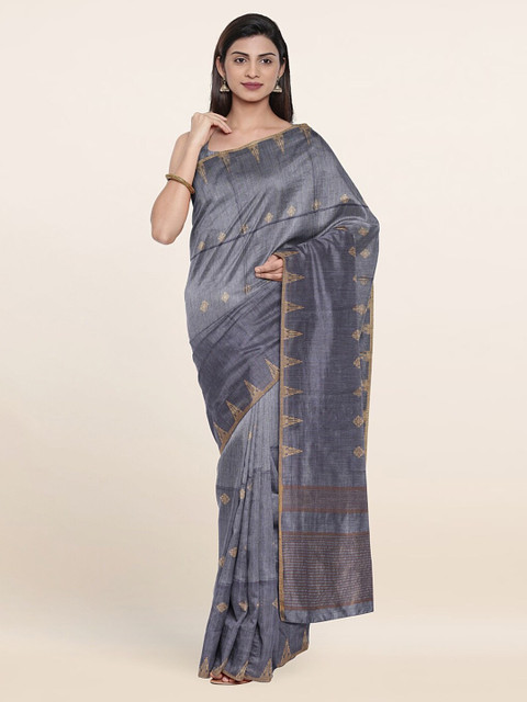 

Pothys Blue & Grey Floral Zari Jute Cotton Saree