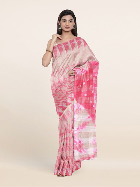 

Pothys Pink & Silver-Toned Tie and Dye Zari Jute Cotton Saree