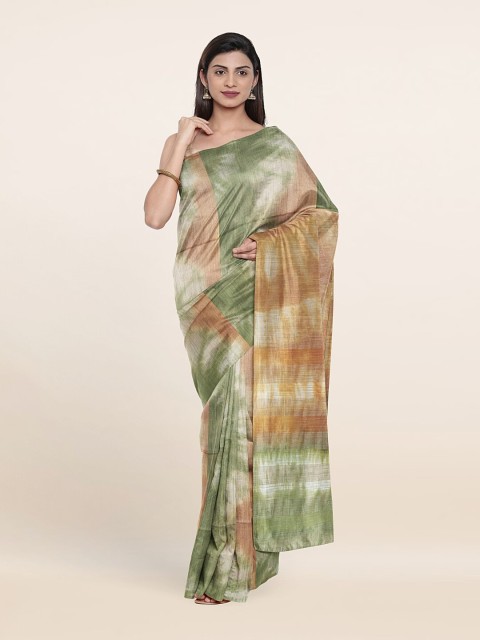 

Pothys Green & Cream-Coloured Tie and Dye Jute Cotton Saree