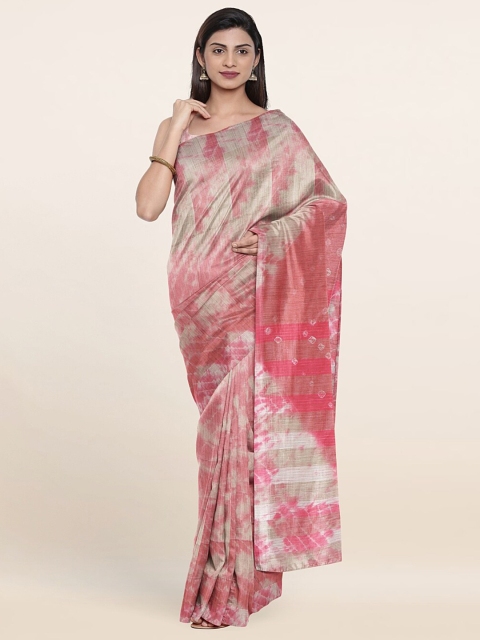 

Pothys Pink & White Tie & Dye Zari Jute Cotton Saree