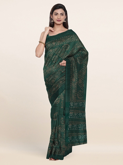 

Pothys Green & Brown Batik Printed Jute Cotton Saree