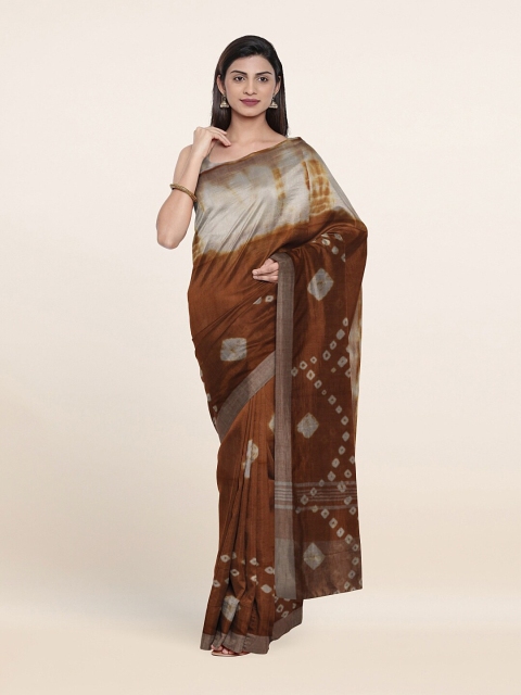 

Pothys Brown & Silver-Toned Bandhani Zari Jute Cotton Saree