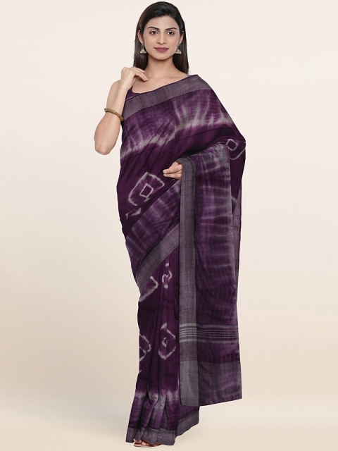 

Pothys Purple & Silver-Toned Tie and Dye Zari Jute Cotton Saree