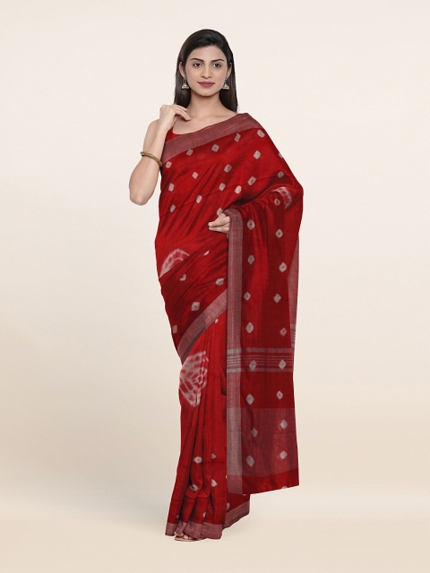 

Pothys Red & Silver-Toned Tie and Dye Zari Jute Cotton Saree