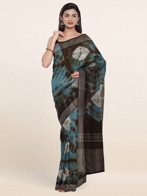 

Pothys Brown & Blue Tie and Dye Zari Jute Cotton Saree