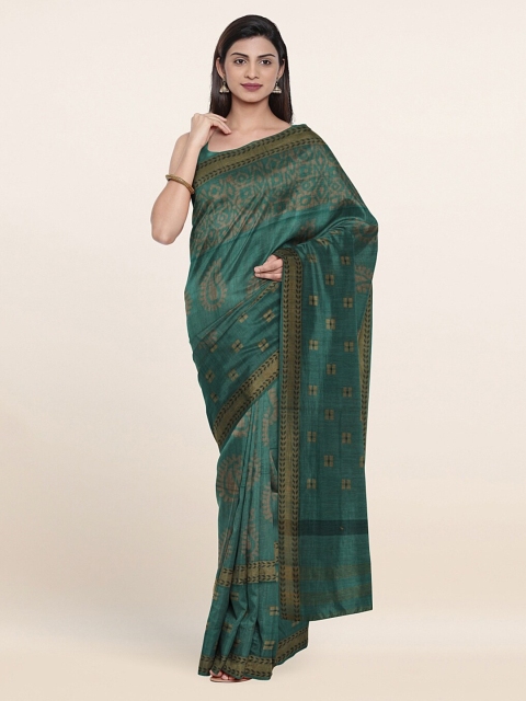 

Pothys Green & Brown Floral Jute Cotton Saree