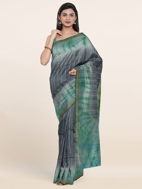 

Pothys Grey & Green Striped Jute Cotton Saree